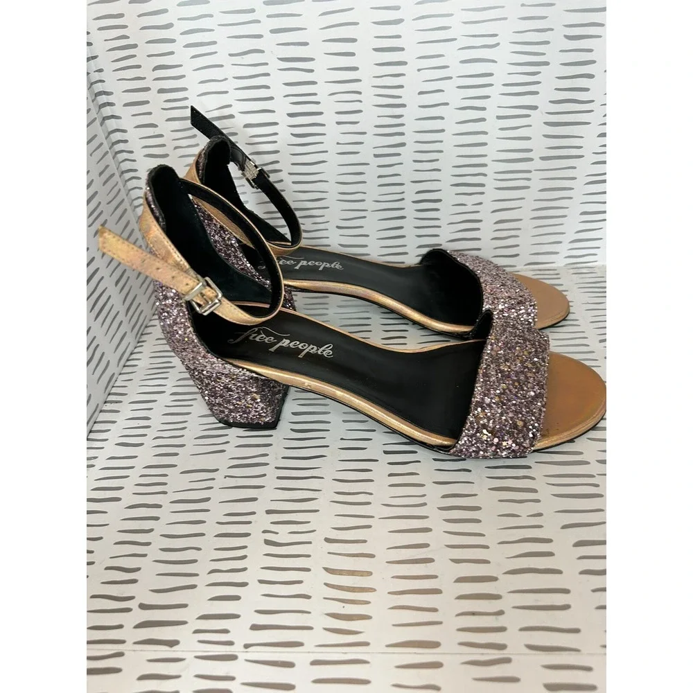 Free People Womens 39 Purple Multi Glitter Block Heel Ankle Strap Sandals‎ Disco